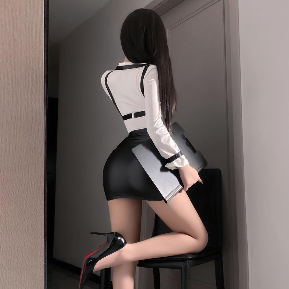 sexy secretary outfit for women lingerie Uniform Short Dress Cosplay costume chic office Teacher Backless Bodysuit Anime Roleplay Babydoll pencil skirt Crop Top Set White Black
