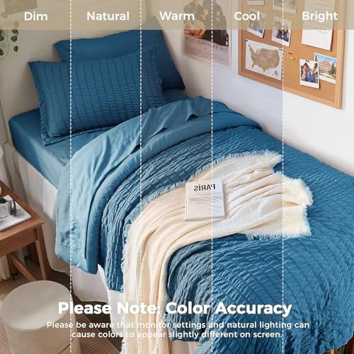 Image of HYMOKEGE Teal Twin XL Comforter Set Seersucker 5 Pieces, All Season Luxury Bed in a Bag for Bedroom, Bedding Set with Comforter, Sheets, Pillowcase & Sham