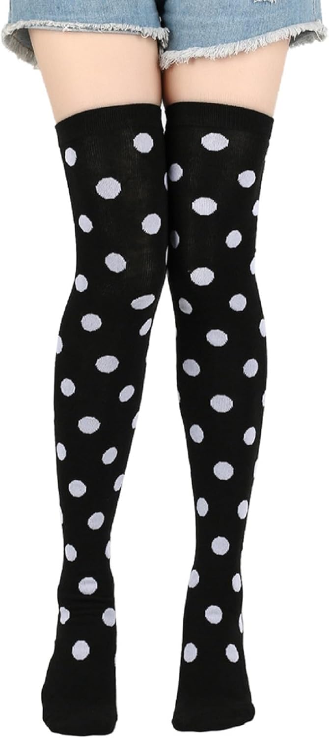 Violet Mist Thigh High Socks for Women Novelty Polka Dot Over the Knee High Socks Black Funny Extra Long Sock Thigh Highs