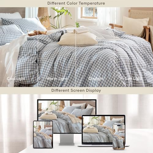 Image of MooMee Gingham Duvet Cover Set 100% Washed Cotton Linen Like | Relaxed Linen-like Texture. Soft, Breathable & Long-lasting Comfort. Lightweight. Hidden Zipper with 8 Interior Corner Ties