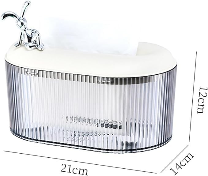AMPLIN Elegant Glass Tissue Box Holder with Chrome Bunny Figurine, Ribbed Design Storage Container, White Lid, 21x14x12cm 1