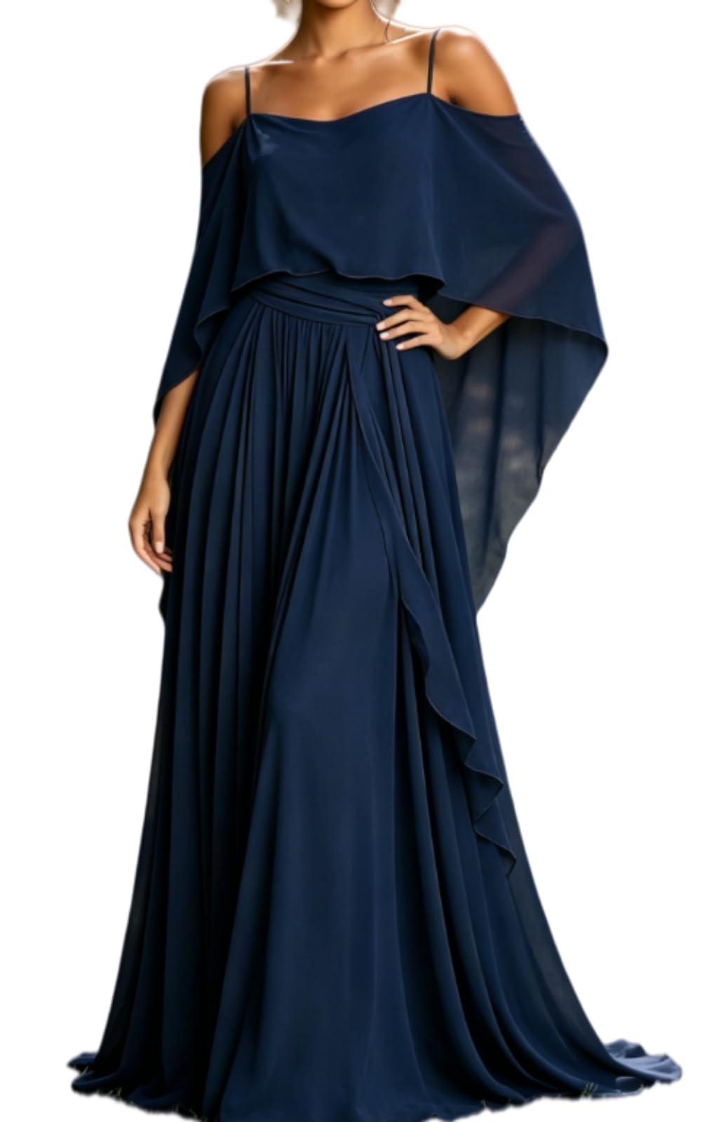 Abito lungo da donna in chiffon, elegante, con volant e spalle scoperte