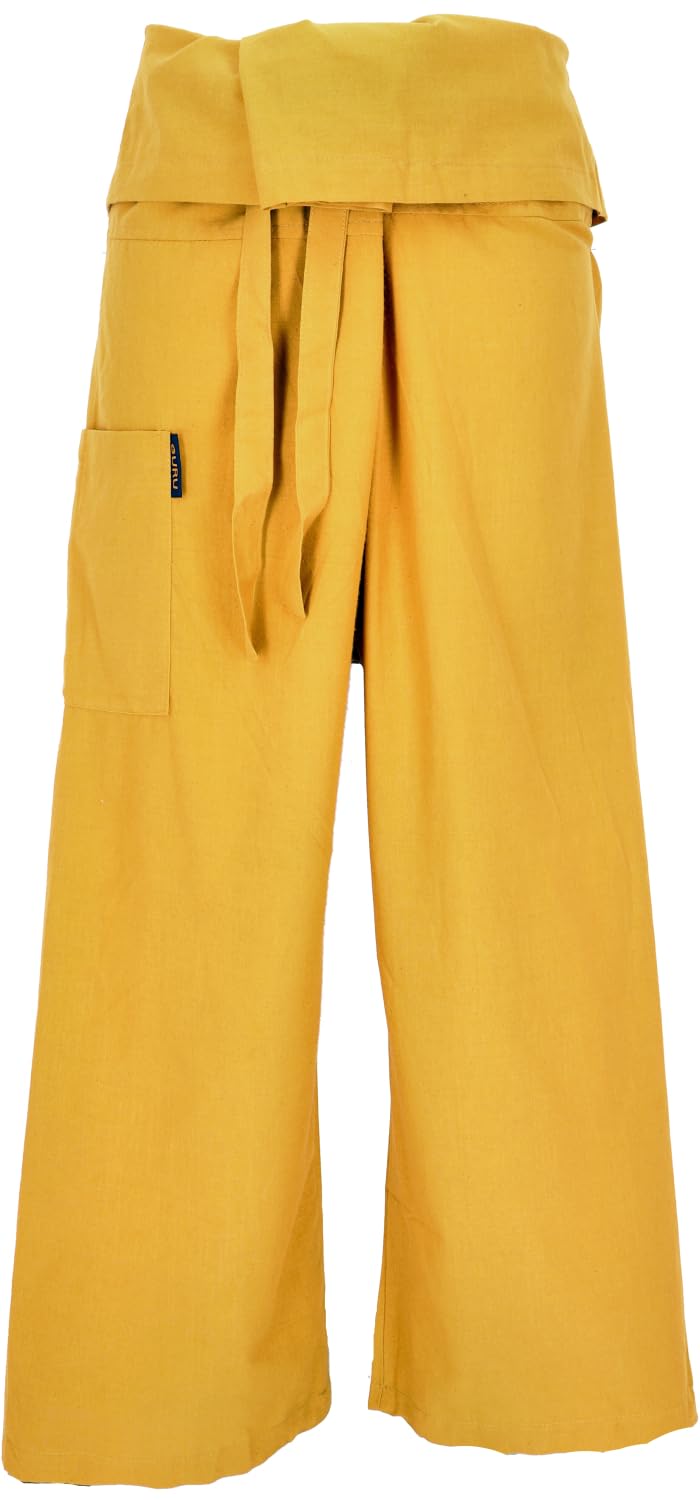 GURU SHOP Pantalon de pêche thaïlandais en coton solide, pantalon portefeuille, pantalon de yoga, taille unique, homme/femme, bleu, taille : taille unique