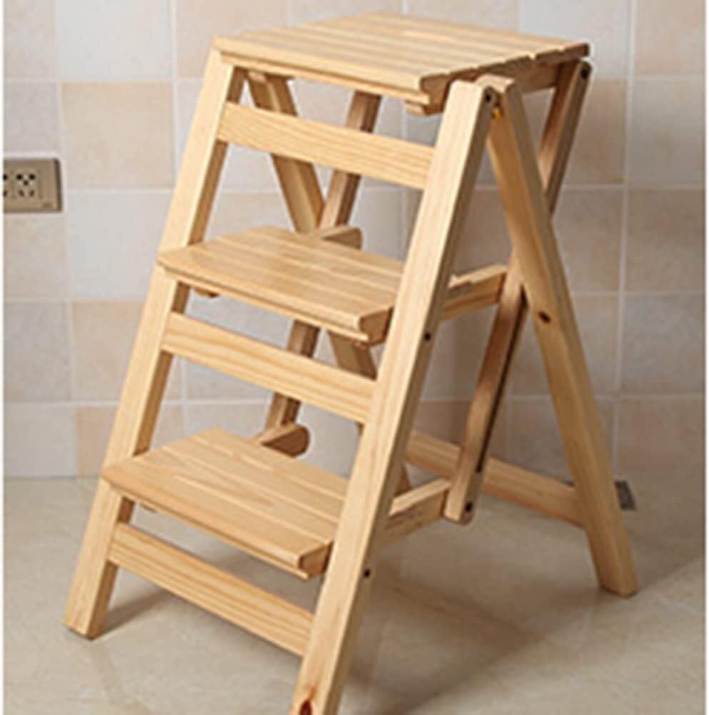 Wooden Folding Step Stool, 3-Step Portable Ladder Chair with Wide Non-Slip Treads, Multifunctional Foldable Stool for Home, Kitchen, Office, Library Use