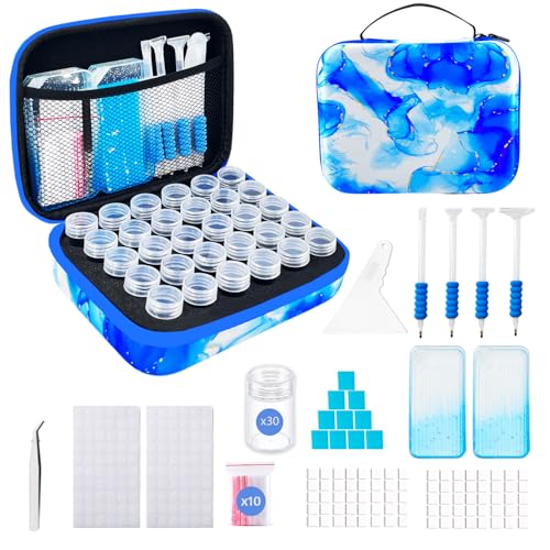 Image of 30 Slot Diamond Art Storage Box | Blue Bead Organizer Case with Drill Tools, Portable Craft Box, For 5D DIY Art Kits
