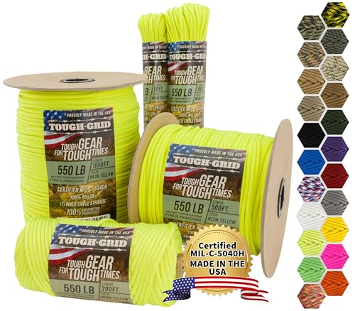 TOUGH-GRID Premium 550lb Paracord Rope - 200 Ft. - Neon Yellow - 100% Nylon Type IV Mil-Spec - UV & Abrasion Resistant - Heavy Duty Strands - Outdoor Survival Rope - Used by US Military - Made in USA