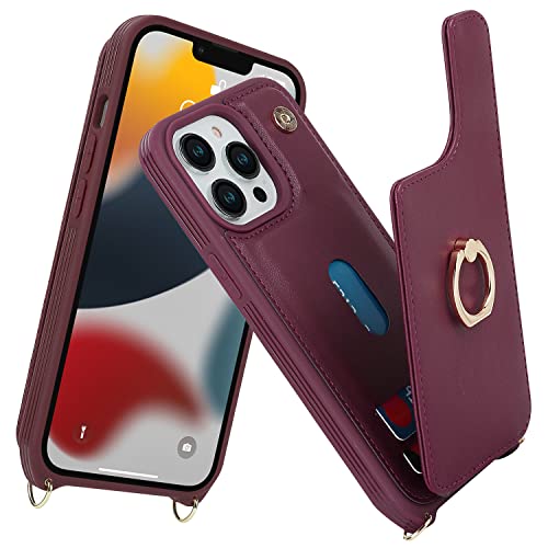 Image of for iPhone 13 Pro Case with Card Holder and Strap for Women,Crossbody Lanyard,RFID Blocking,Kickstand Ring Stand,Snap Clasp,Phone Wallet Cases 6.1 inch(Wine Red)