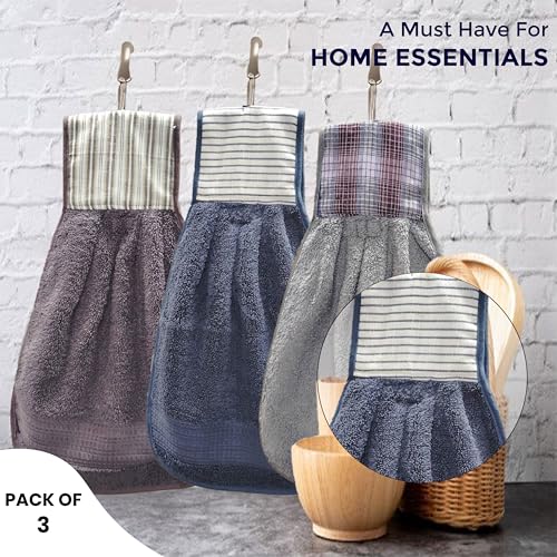 Image of Hanging Hand Towel | Wash Basin Napkin with Loop | Kitchen Sink Towel | Pack of 3 in (Blue, Grey and Purple) | Assorted