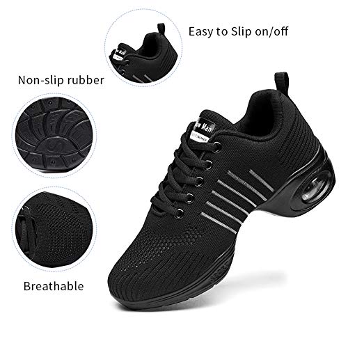 Women's Jazz Shoes Lace-Up Sneakers - Breathable Air Cushion Lady Split Sole Dance Zumba Walking Shoes Platform Black,10 #TOP1
