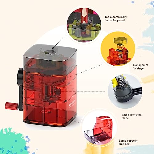 Image of oddpod Manual Desktop Pencil Sharpener for Table top with Visible Rotary Hand Crank & Auto Feed Transparent Mechanism for Sharp Pointed Pencils - Neon Red (No Table Attachment Model)