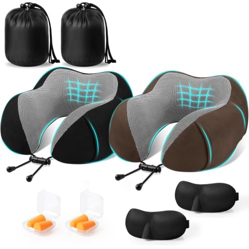 Image of CloudBliss Travel Pillows for Airplane, 2 Pack Memory Foam Neck Pillows for Travel, Compact Neck Pillows for Long Flight Sleeping, Plane Accessories with Eye Mask, Earplugs, Storage Bag, Black & Brown