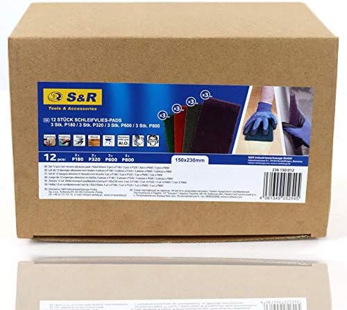 S&R Abrasive Pads 150x230mm 12 pcs. P180*3/P320*3/P600*3/P800*3 for Grinding/polishing Metal, Wood, Steel, Stainless Steel
