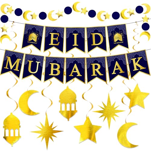 YBwanli Eid mubarak banner decorations - Ramadan Decorations for Home - Eid Mubarak Decorations - Hanging Crescent Moon & Star Decorations - Ramadan mubarak decorations