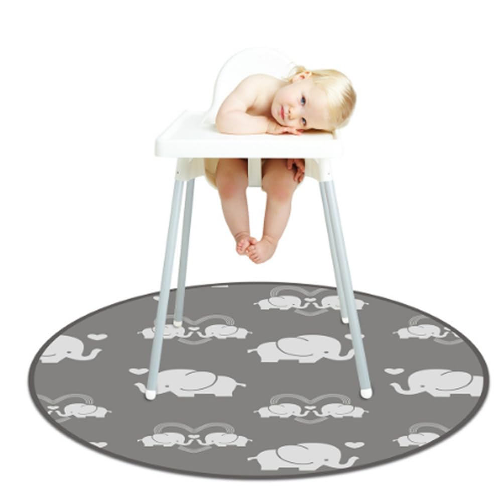 Treer Baby Splat Mat for Under High Chair, 51" Highchair Round Splash Floor Mat Waterproof Anti Slip Spill Mat Washable Weaning Mat/Messy Mat/Play Mat/Tablecloth/Picnic Mat (Gray Elephant)