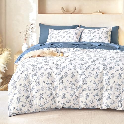 Image of Wake In Cloud - Cottagecore Comforter Set, Floral Vintage Flower Shabby Chic Coquette Aesthetic for Women Teen Girls, Soft Lightweight Dorm Bedding, 3 Pieces, Dark Blue, Full Size