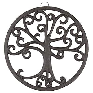 GASARÉ, Cast Iron Trivet for Hot Dishes, Pots, and Pans, Metal Trivet, Tree of Life Design, Rubber Feet Caps, Ring Hanger, 8 Inches, Brown, 1 Unit GASARE Cast Iron Trivet for Hot Dishes Pots and Pans Metal Trivet Tree of Life Design Rubber Feet Caps Ring Hanger 8 Inches Brown 1 Unit