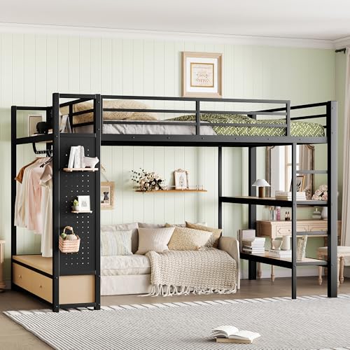Image of Bellemave Queen Size loft Bed with Wardrobe and Storage Shelves and Pegboard Drawers, Metal Queen Loft Bed Frame for Adults, Kids, Teens, Black