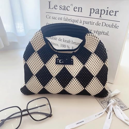 Checkered Crossbody Bag Knitted Tote Bag Soft Checkered Tote Bags Trendy Alt Hand Bags Multicolor Grid Block Woven Purse 20253
