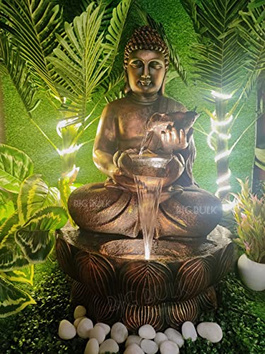 Image of Big Kamal White Buddha Fiber Indoor Outdoor Fountain with Led Lights for Home Decor and Office Decoration Or Gifting (53 x 42 x 84) (Lotus Copper New)