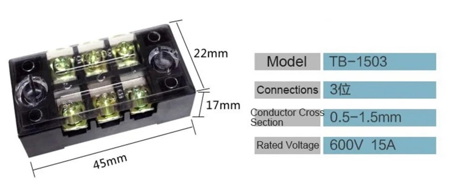 Morsettiera a doppia fila in rame TB-1503 a vite, 15 A, 600 V, 3P, per scheda di cablaggio fissa, 0,5-1,5 mm2 (10 pezzi)