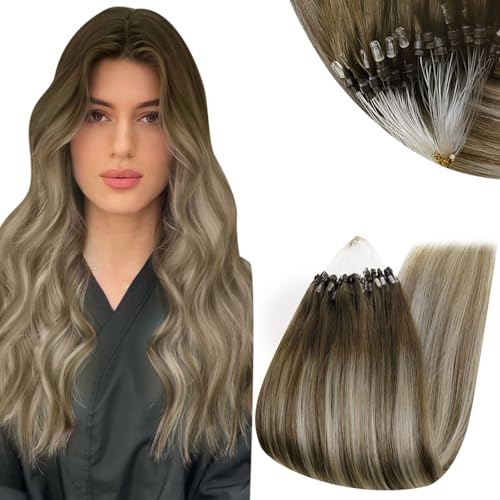 RUNATURE Micro Hair Extensions Real Human Hair Blonde Ombre Brown Micro Ring Hair Extensions Human Hair Ombre Blonde Micro Loop Hair Extensions Long Hair 24 Inch 50g