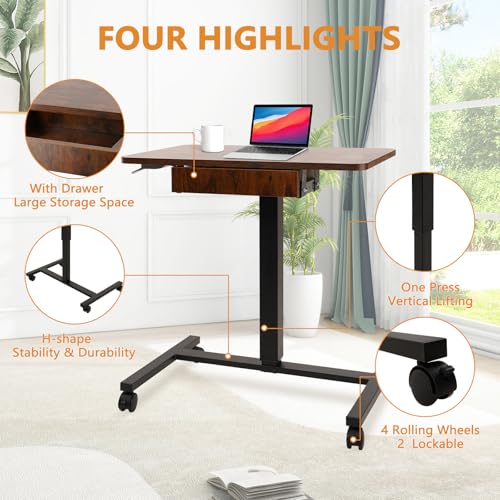 Image of CLATINA Mobile Laptop Standing Desk Adjustable Height, Computer Desk Teacher Podium with Lockable Wheels, Work Table with Drawer, Portable Rolling Side Table Bed Desks for Home Office Classroom, White