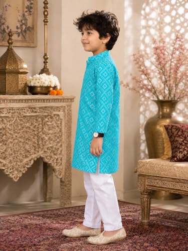 Image of superminis Boys Silver Foil Printed Kurta, Round Collar, Full Sleeves With White Pyjama Cotton Kurta Set