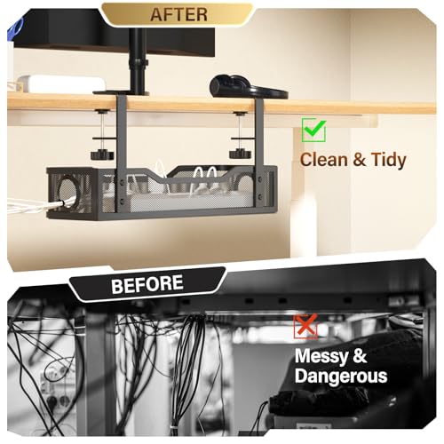 Image of Under Desk Cable Management Large, Cinati 16 inch Cable Management Box for Table Thickness up to 3 inch, Wire Cord Organizer with Clamp No Drill, No Damage to Desk (Black)