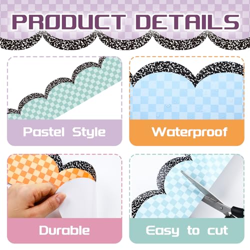 Image of Fuutreo 6 Roll 197 ft Pastel Checkered Bulletin Board Borders Composition Scalloped Edge Trim Classroom Border Roll Decoration for Back to School Chalkboard Office Wall