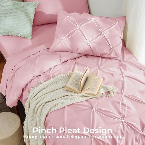 Image of Sasttie Twin Comforter Set, 5-Piece Bed in a Bag, Pintuck Bedding Sets for All Season, Includes Comforter, Flat Sheet, Fitted Sheet, Pillowcase and Pillowsham, Baby Pink