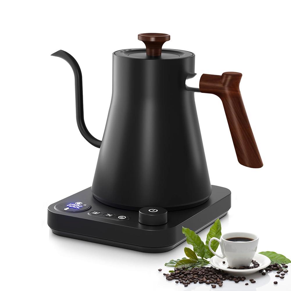 Bollitore Elettrico A Collo di Cigno, Bollitore in Acciaio Inossidabile con Display della Temperatura, Spegnimento Automatico E Controllo della Temperatura, Bollitore per caffè E tè, Teiera A Black