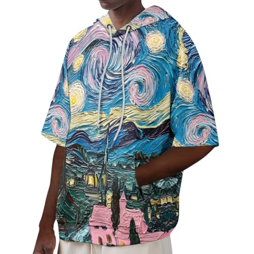 GLUDEAR Mens Short Sleeve Hoodies Paint Print Drawstring Pocket Workout Pullover Hooded Sweatshirt T-Shirts2