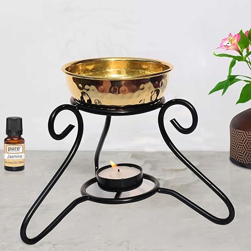 Image of Pure Source India Oil Diffuser Set with Metal Powder Coated Stand and Pure Brass Bowl with 1 Tea Light and 10 ML Lemon Grass Aroma .(Oil Diffuser Set)