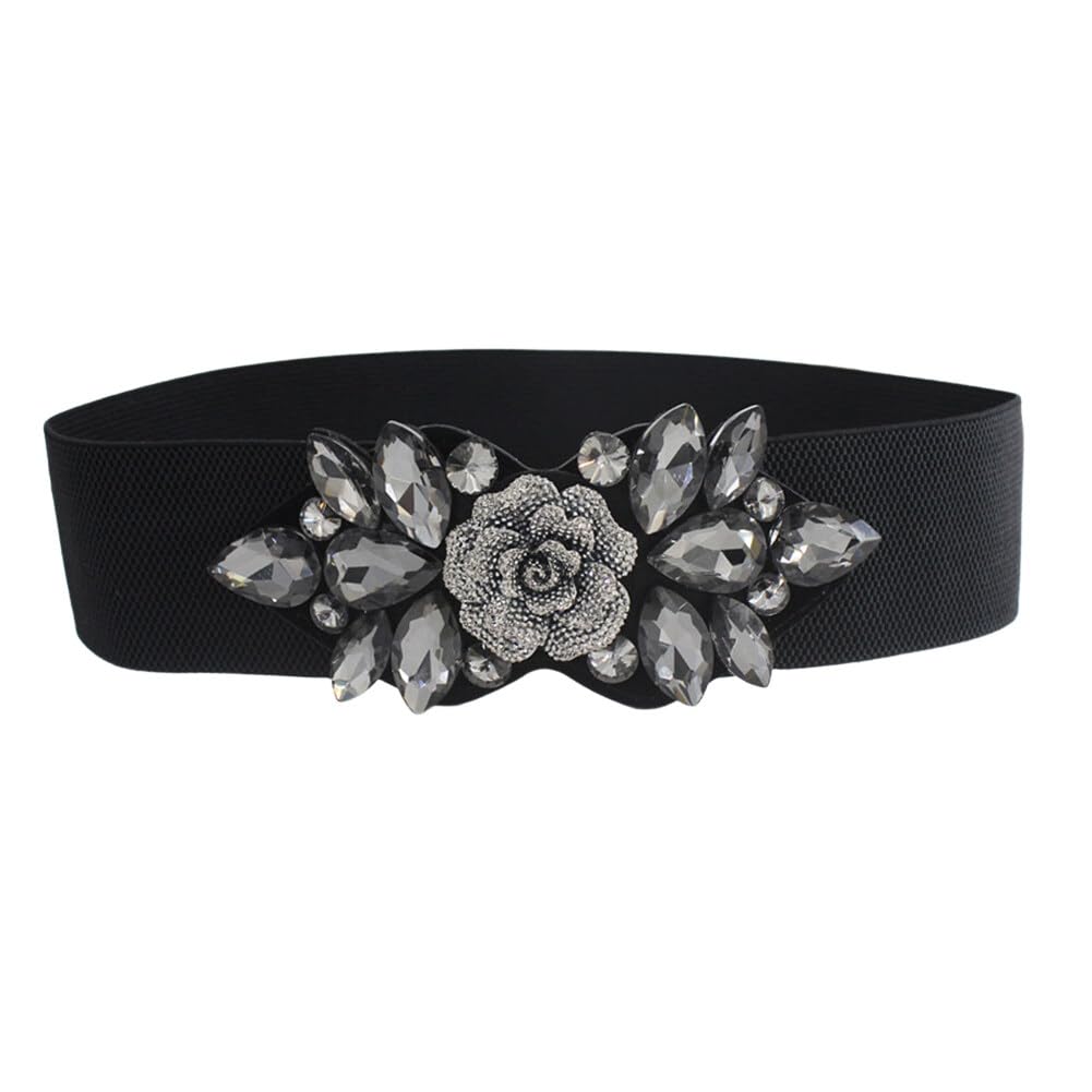 Surakey Rose Elastic Waist Belt Crystals PU Waistband Dress Waist Belt Shiny Girdle Decorative Rose Waistband for Women Lady Dresses (Black)