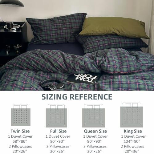 Image of EAVD Vintage Plaid Duvet Cover Full Pink Green Gingham Duvet Cover Set | Soft 100% Washed Cotton 3-Piece Reversible Plaid Bedding Set 1 Duvet Cover with 2 Pillowcases Zipper Closure Corner Ties