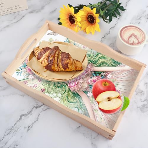 Image of DIY Diamond Painting Wooden Serving Tray with Handle, Princess Girl Design Mosaic Diamond Art Plate Kit, Creative Craft Diamond Art Tray for Coffee Table and Home Organizer