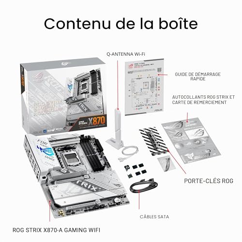 ASUS ROG Strix X870-A Gaming WiFi – Carte mère Gaming AMD Ryzen AM5 X870 ATX (DDR5, 16+2+2 DrMOS, 4 x M.2, PCIe 5.0, WiFi 7, USB4 Type-C, USB 20Gbps avec PD 3.0 jusqu'à 30W, HDMI, Aura Sync RGB)