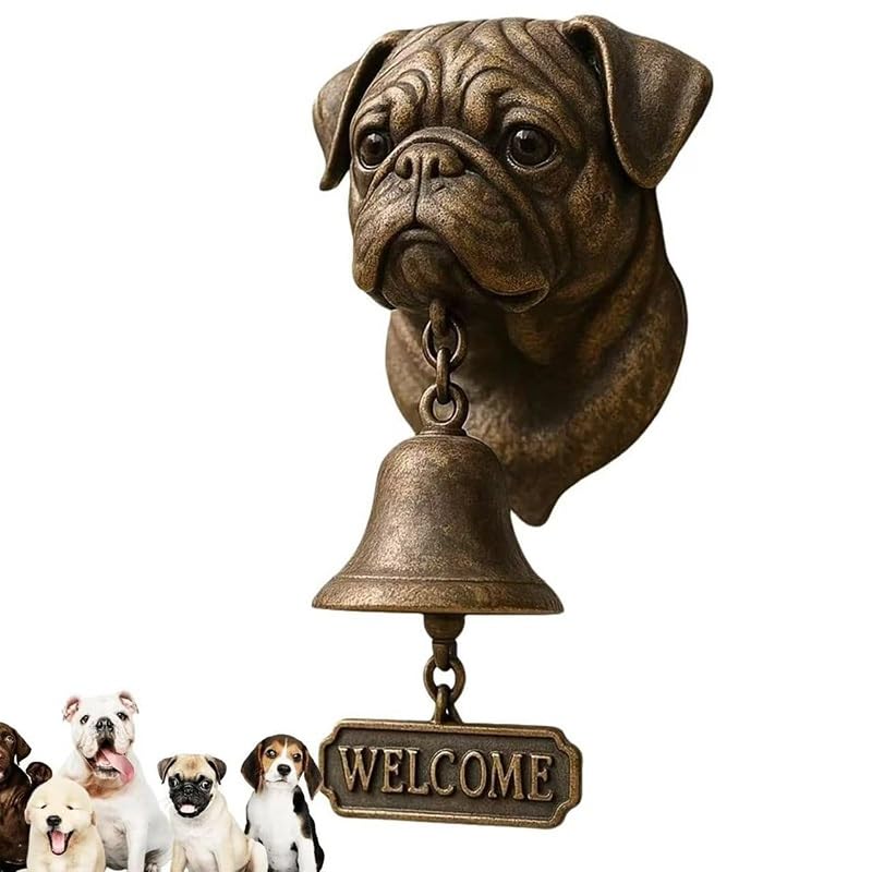 DJMAW Retro 3D Dog Welcome Doorbell – Vintage Cast Iron/Resin Wall-Mounted Entry Bell with Brass Chime for Porch, Front Door, Garden & Yard Decoration(Pekingese)