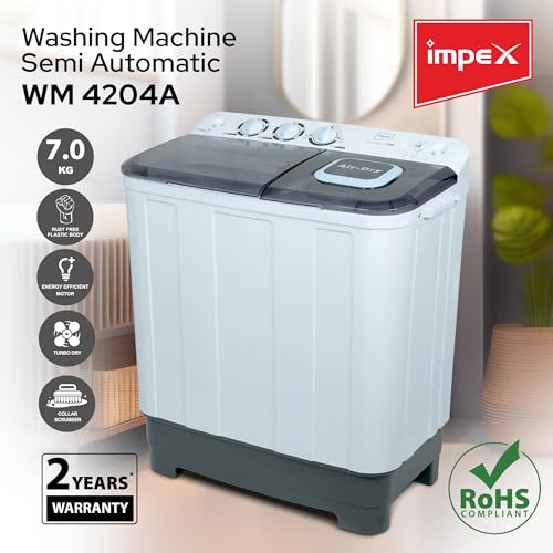 Impex 7 Kg Semi-Automatic Twin Tub Washing Machine | Lop-Load Washing Machine with Transparent Lid | Air Turbo, Rust-Free Body, Low Noise Motor, Collar Scrubber, 5 Kg Spin, Hand-Wash Design | WM 4204