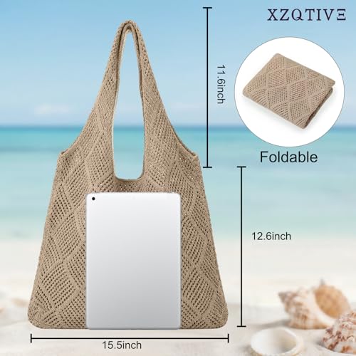 Image of XZQTIVE Crochet Tote Bag for Women Mesh Beach bag for Summer Vacation Aesthetic Hobo Knit Shoulder Bag