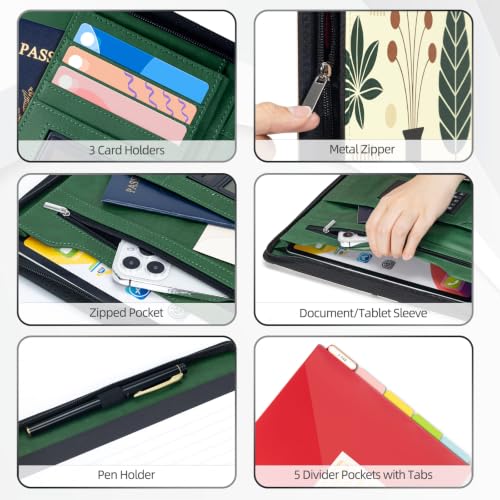 Image of Ospelelf Vintage Leather 3 Ring Portfolio Binder, Zippered Clipboard Folder with Storage - 5 Dividers with Pocket, Padfolio for Women,12.1 inch Tablet Sleeve, Refillable Notepad, Card Slot