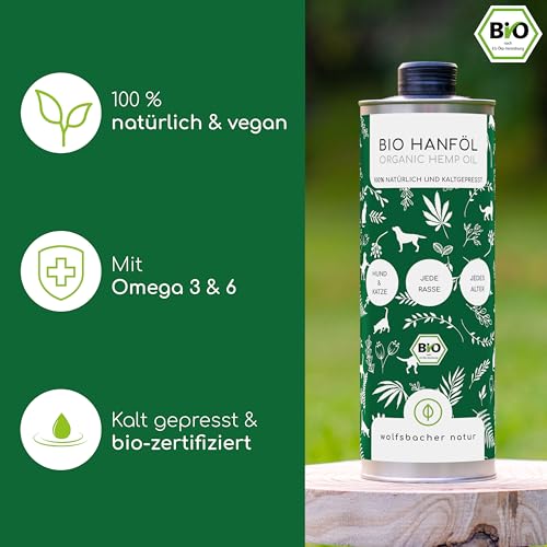 Bio Hanföl für Hunde und Katzen 1 Liter I 100% Natürlich und Kaltgepresst - Unterstützung für Fell & Haut durch Omega 3-6-9, DE-ÖKO-060