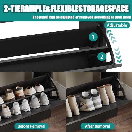 Image of Shoe Cabinet for Entryway with 3 Flip Drawers, Black Tall Shoe Storage Cabinet with Coat Rack, Wood Narrow Slim Hidden Freestanding Shoe Rack Organizer, 2 in 1 Hall Tree for Living Room, Hallway