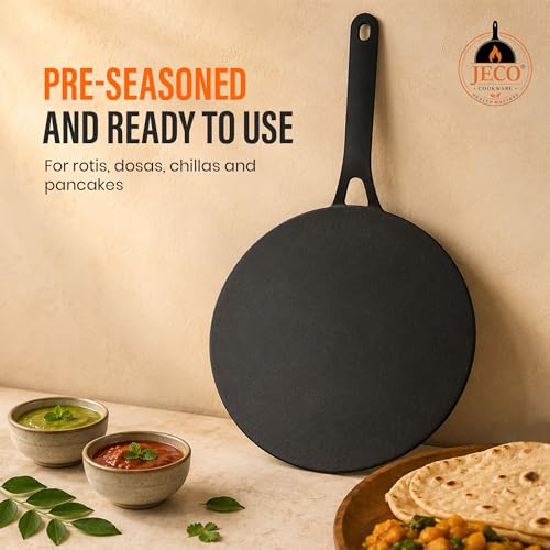 Image of Cast Iron Roti Tawa with Handle|Pre-Seasoned Non-Stick Iron Tawa for Roti /Dosa /Chilla |Heavy Duty Non-Toxic Cookware |Stove & Induction Compatible | Black, 28cm, 2kg