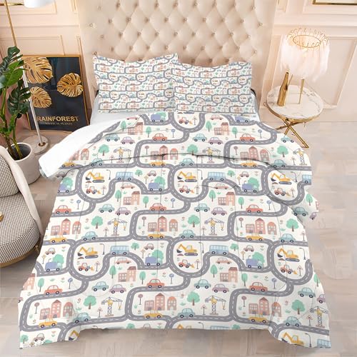 VTKON Construction Truck Comforter Set for Kids King 3Pcs with 1 Comforter and 2 Pillowcases Cute Traffic Car Bedding Boys Vehicle Themed Bed Set Microfiber for All Season
