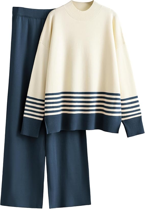 Kvetoo Women Winter Coord Set Wool Blend Tracksuit High Neck Sweater and Wide Leg Pants Warm Knitwear Pyjama Set for Casual Office Travel Wear Indigo Size X-Large-picture-34
