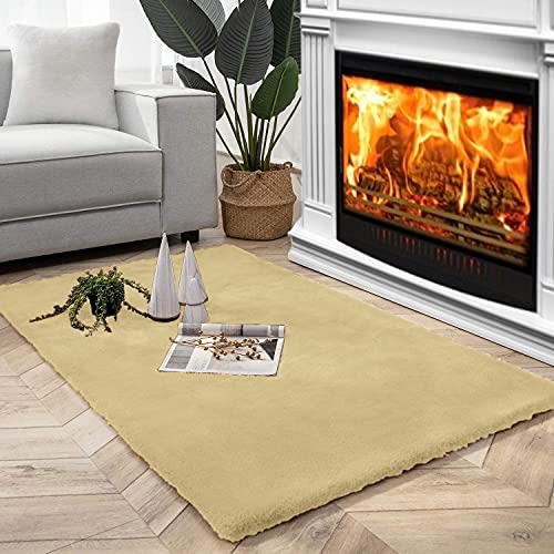 Image of Luxe Home Rabbit Fur Soild CarpetSuper Soft, Anti-Slip, Washable, Rectangle, for Livingroom Rug, in Bedroom Rug (Gold, 4x6 Feet)