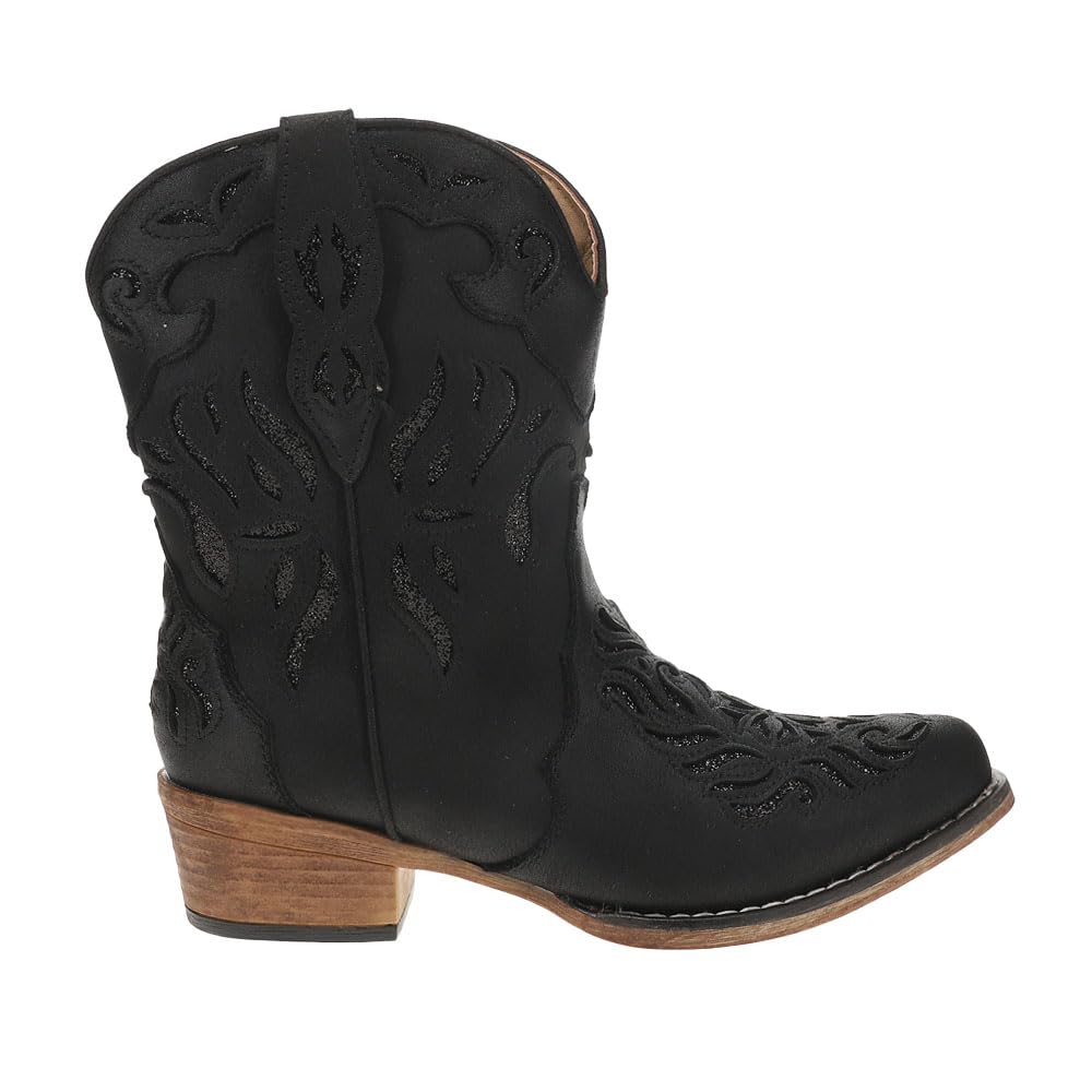 ROPER Womens Selena Glitter Tooled Inlay Snip Toe Pull On Casual Boots Ankle Low Heel 1-2 - Black