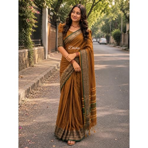 Image of Narayanpet Pure Cotton Avani Border Saree for Women with Running Blouse | Tassels | Traditional Woven Solid Design | Handloom Weave