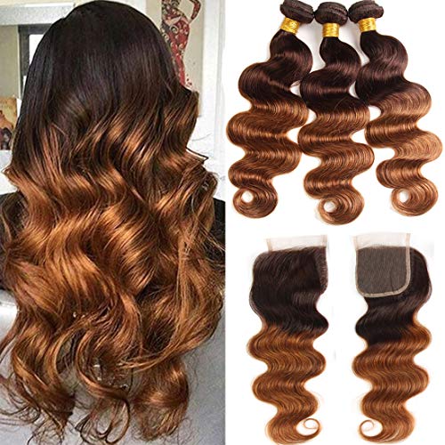 Paquetes de cabello humano 10A Ombre Paquetes de Ombre de onda corporal con cierre de encaje 4 × 4 Parte libre 3 tonos Cabello remy 100% Paquetes de cabello humano con cierre T4/30?20 22 24+18 4 * 4?